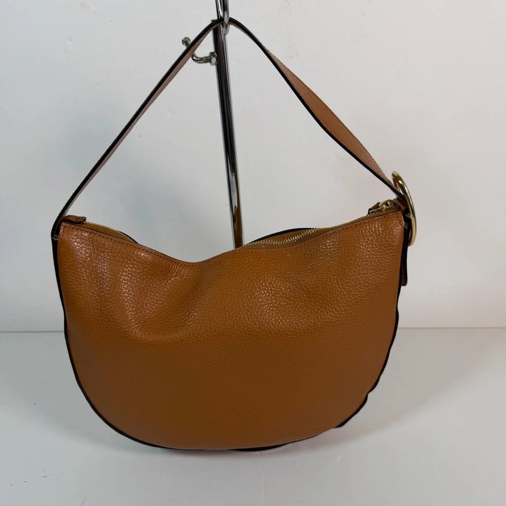 M.Gemi Italian Pebbled Leather Hobo Shoulder Bag Cognac Brown Minimalist Luxury - Picture 4 of 11